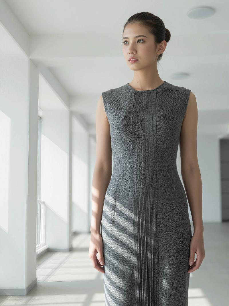 大きな窓から日光が差し込む空っぽの部屋にノースリーブのニットドレスを着て立っている若...。