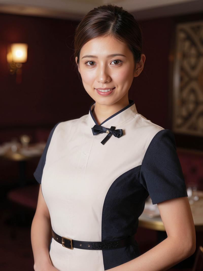 薄暗いレストランの環境で自信を持って立っているウェイトレスをポートレート カメラ ア...。