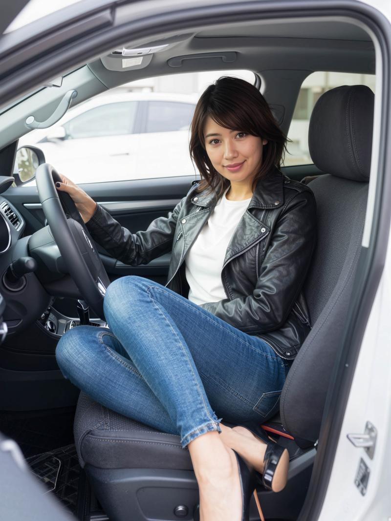 黒い革のジャケットとブルー ジーンズを着て、現代の車の運転席に座っている若い女性を横...。