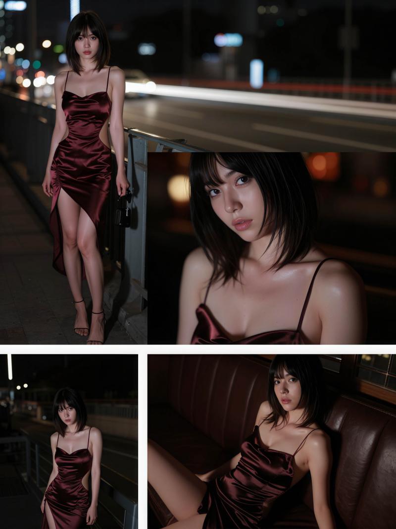 バーガンディのサテンのドレスを着た若い女性が夜の街路で自信を持ってポーズをとる、正面...。