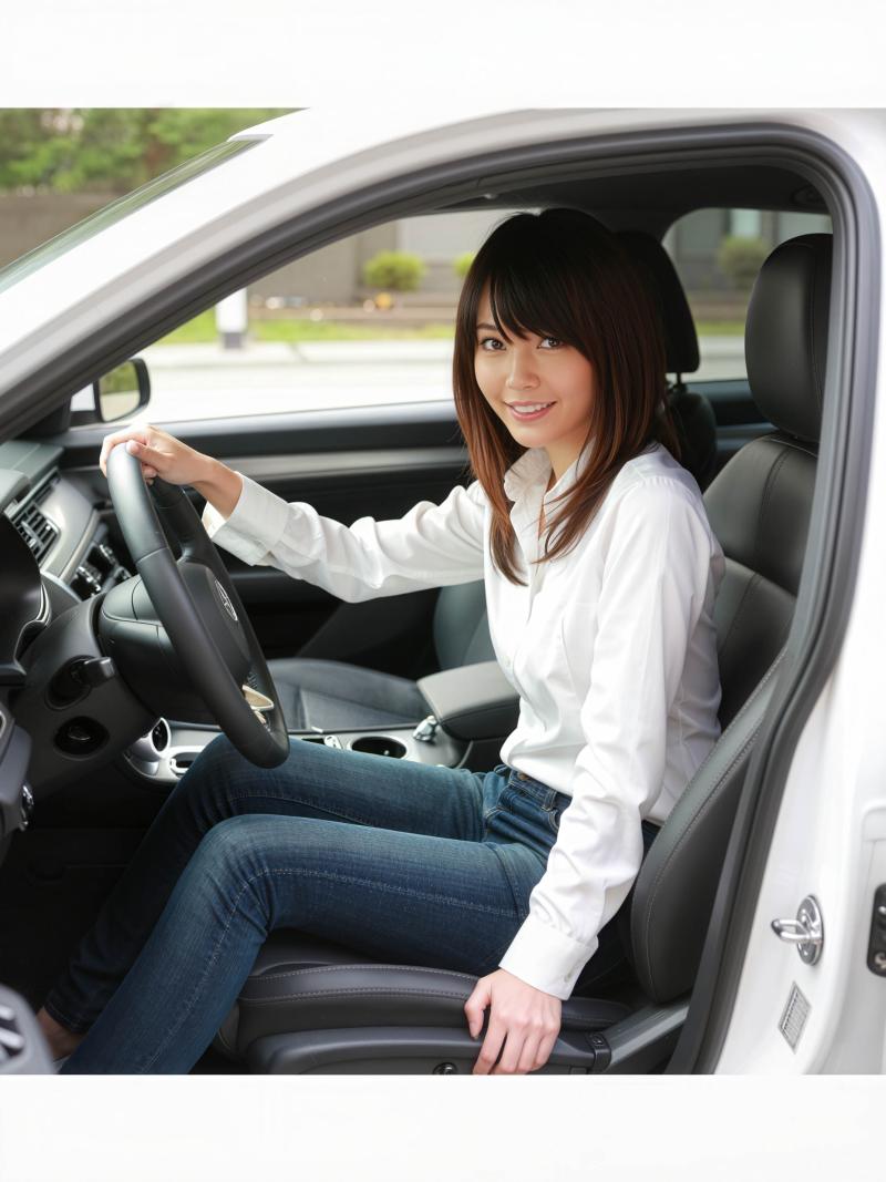現代の車の運転席に座り、ハンドルを握りながら自信に満ちた笑みを浮かべている若い女性を...。