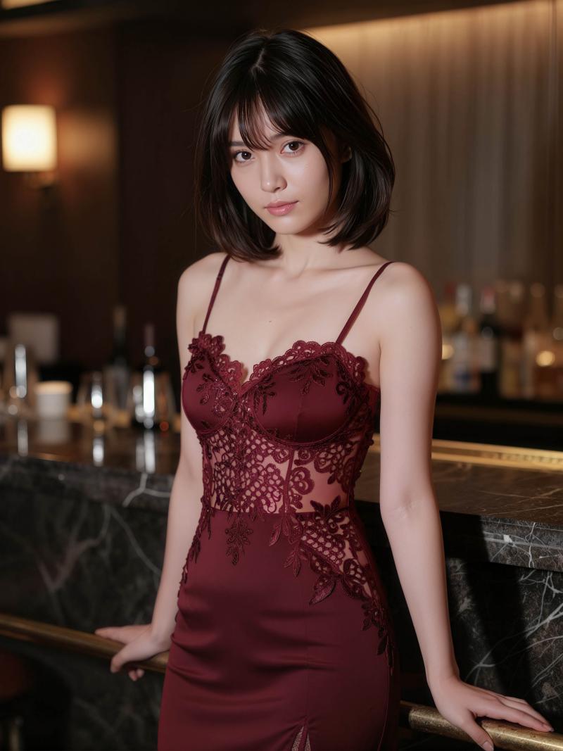 薄暗いレストランのバーカウンターにもたれかかるバーガンディのレースのドレスを着た若い...。