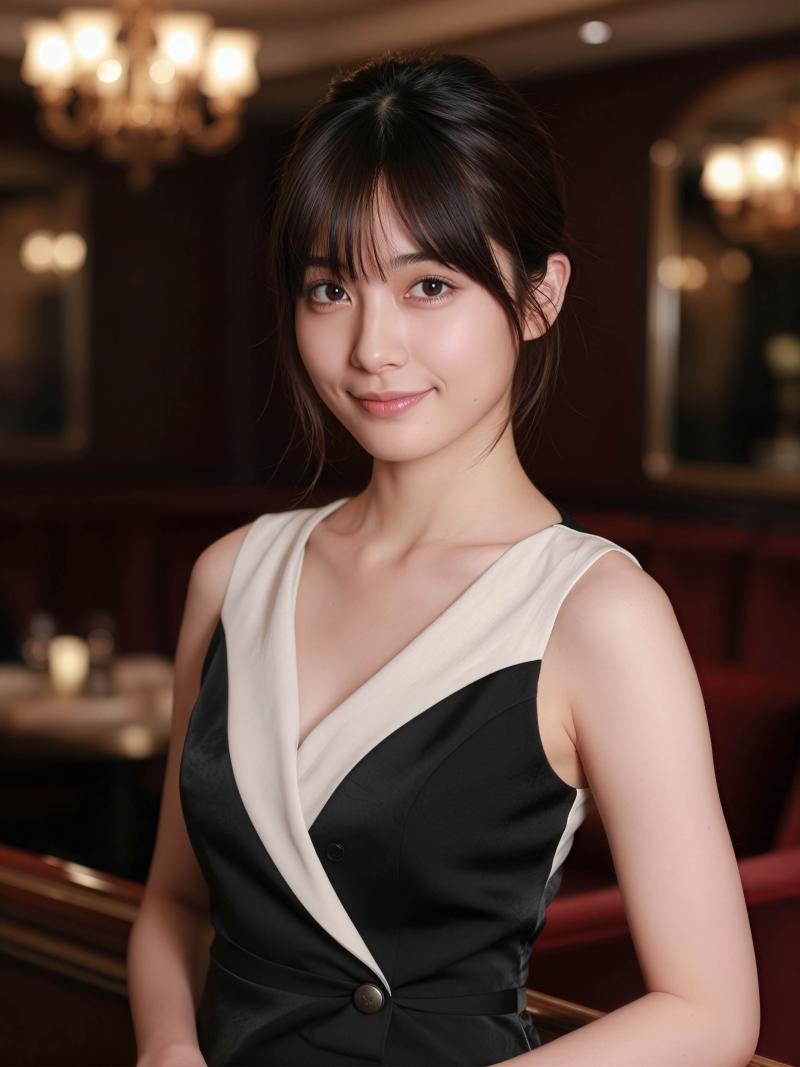 ポートレートカメラの角度から撮影された、フォーマルな環境にいる若い女性の写実的なポー...。