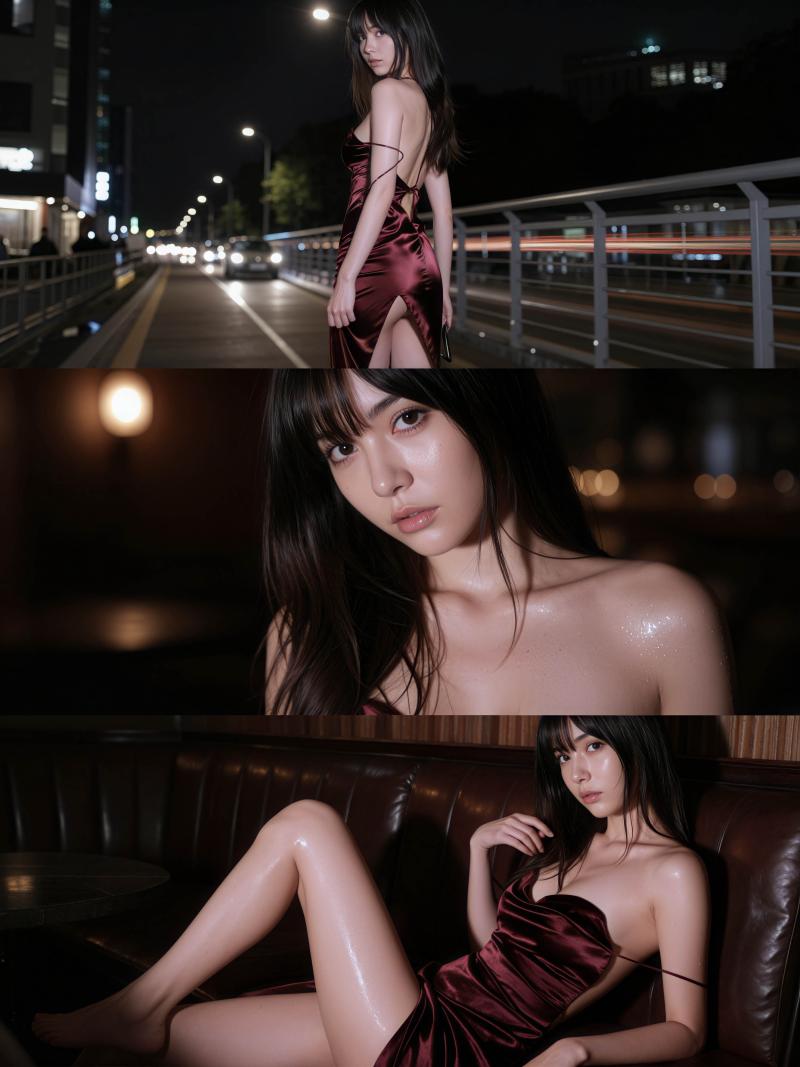 街路灯に照らされて、バーガンディのサテンのドレスを着た若い女性が夜のベンチに座ってい...。