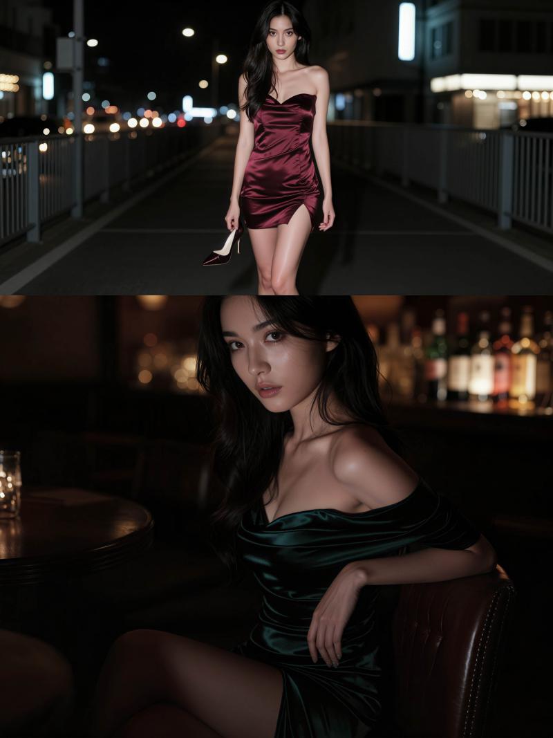 夜の薄暗い屋外の環境で、豪華なバーガンディのサテンのドレスを着てポーズをとる女性を正...。