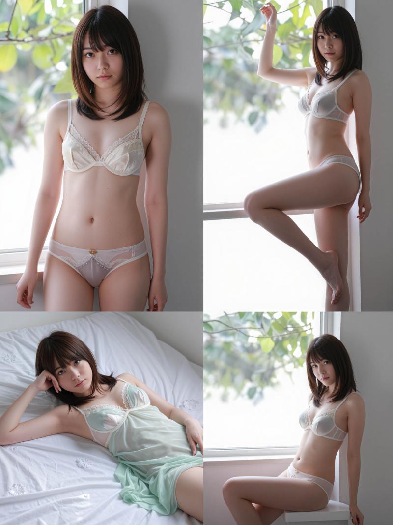 白いランジェリーを着てさまざまなポーズをとる若い日本人女性をフィーチャーした、6 枚...。