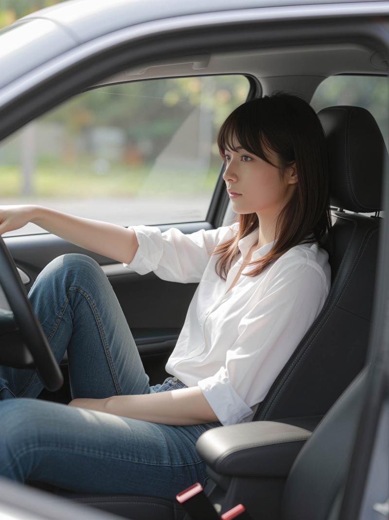 白いブラウスとブルー ジーンズを着て、現代の車の運転席に座っている若い女性を横から撮...。