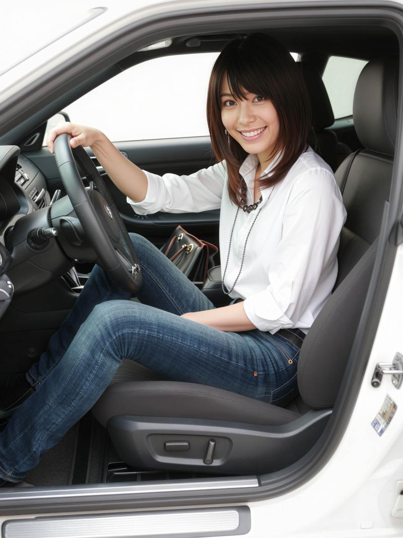 現代の車の運転席に座り、ハンドルを握りながらカメラに向かって微笑む若い女性を正面から...。
