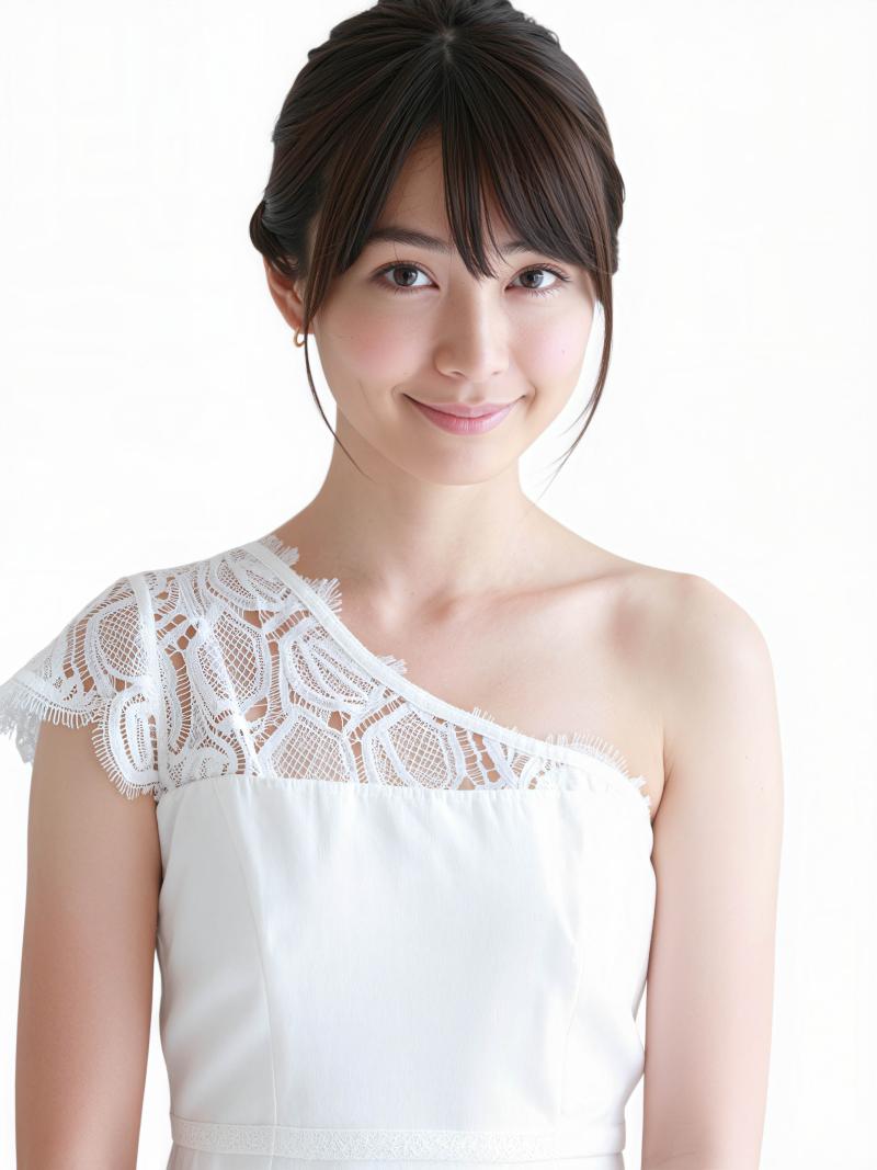 繊細なレースのディテールが施された白いドレスを着た若い女性のポートレートを、ポートレ...。