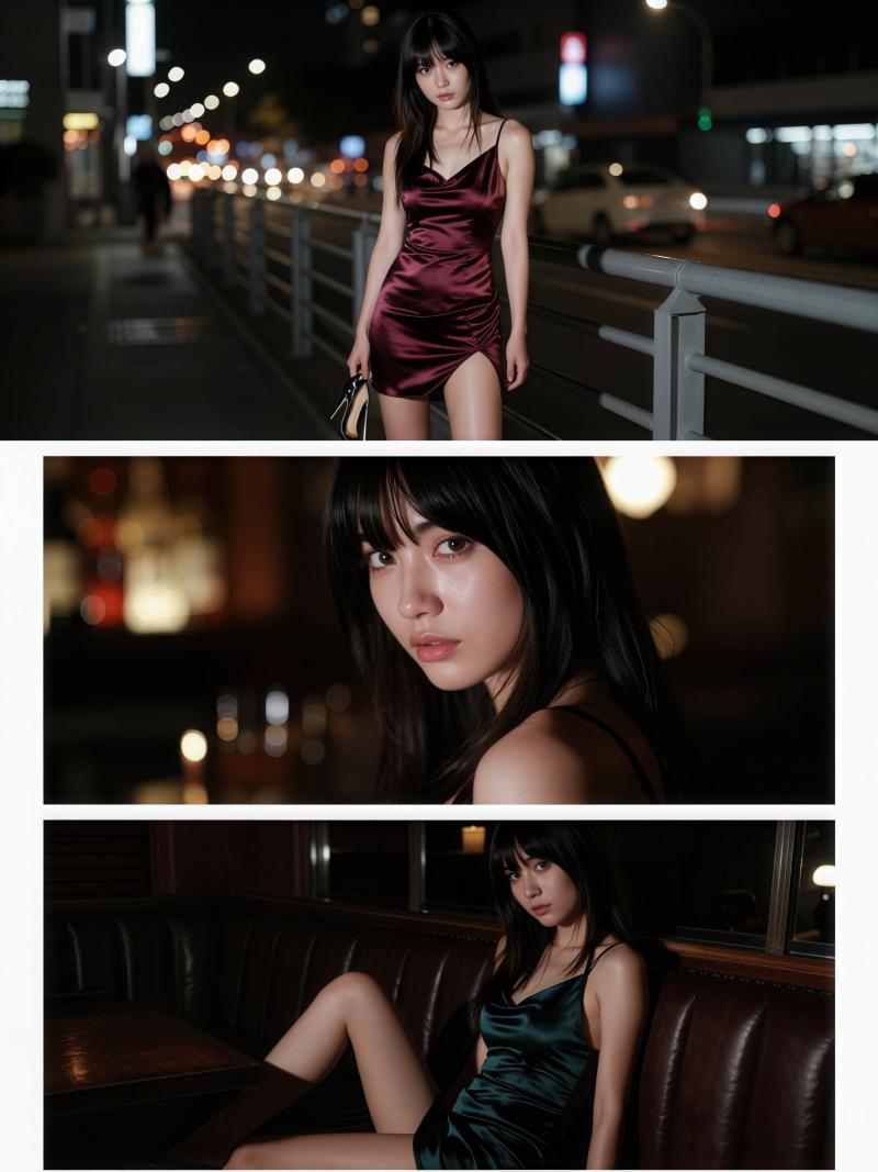 4 枚の写真のコラージュから作られたフォトリアリスティックなショットで、夜の薄暗い都...。