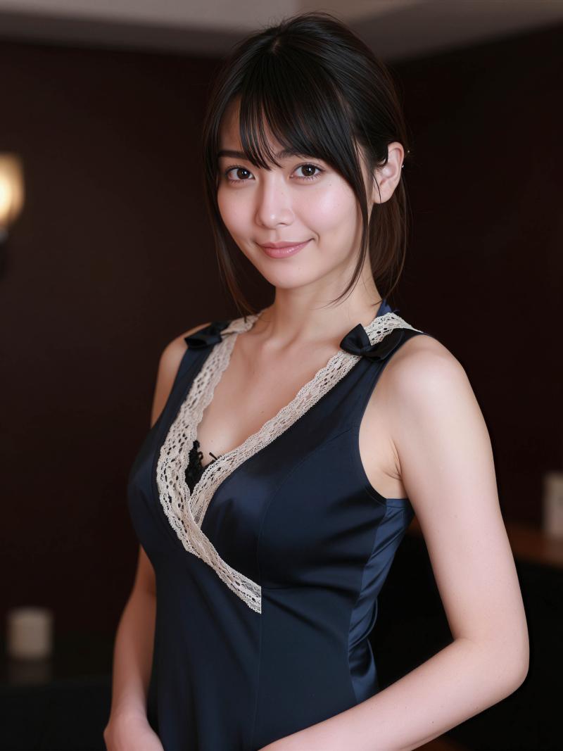 背景がぼやけた薄暗い部屋で、レースのトリムが付いたネイビーブルーのノースリーブのドレ...。