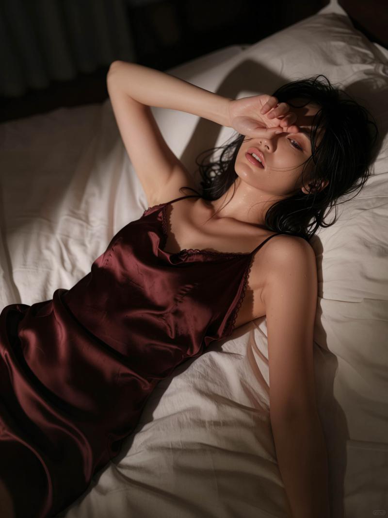 シルクのようなバーガンディのスリップ ドレスを着てベッドに横たわり、瞑想的な表情を浮...。