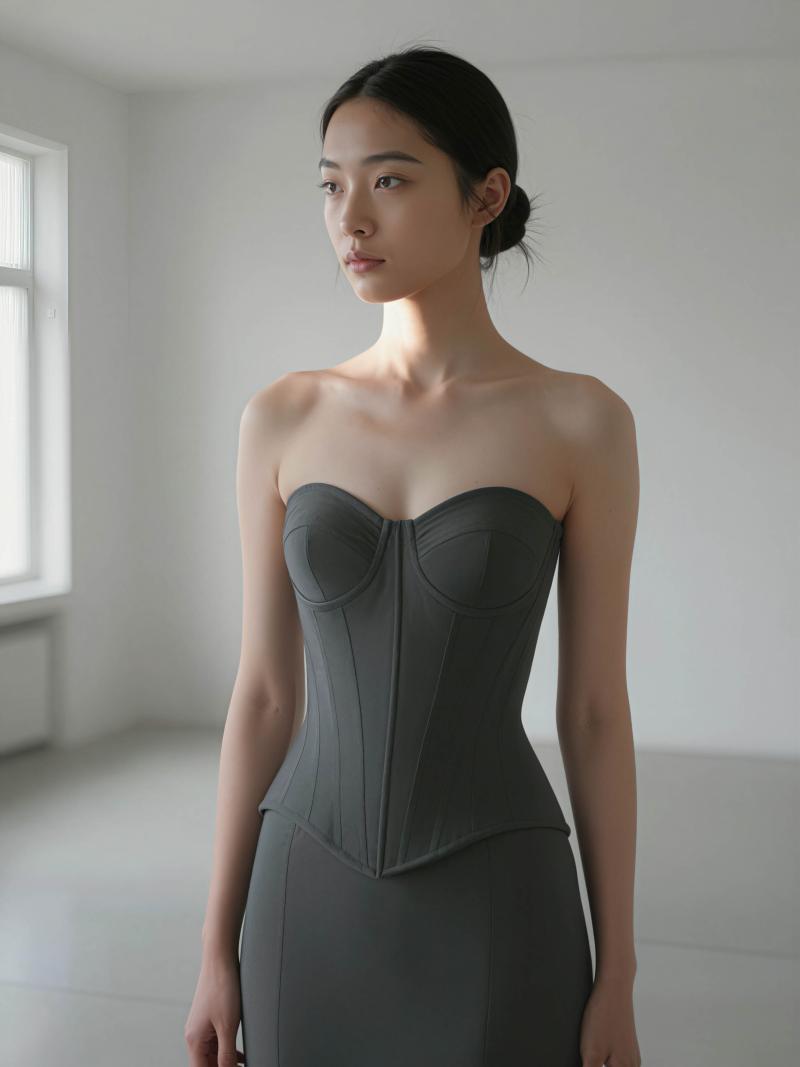 大きな窓のある誰もいない部屋に、フォーマルな服装をした若い女性が自信を持って立ってい...。