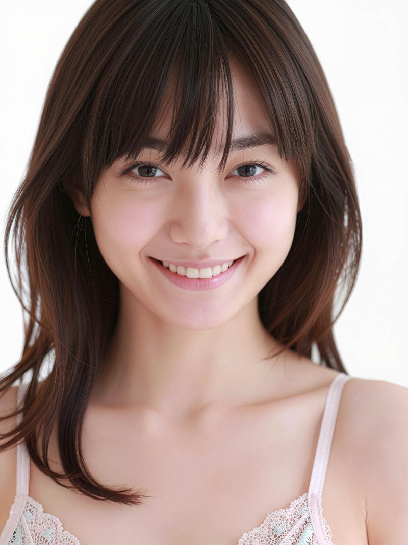 シンプルな白い背景のスタジオ設定で上半身を映した、明るい表情の若い女性の写実的なポー...。