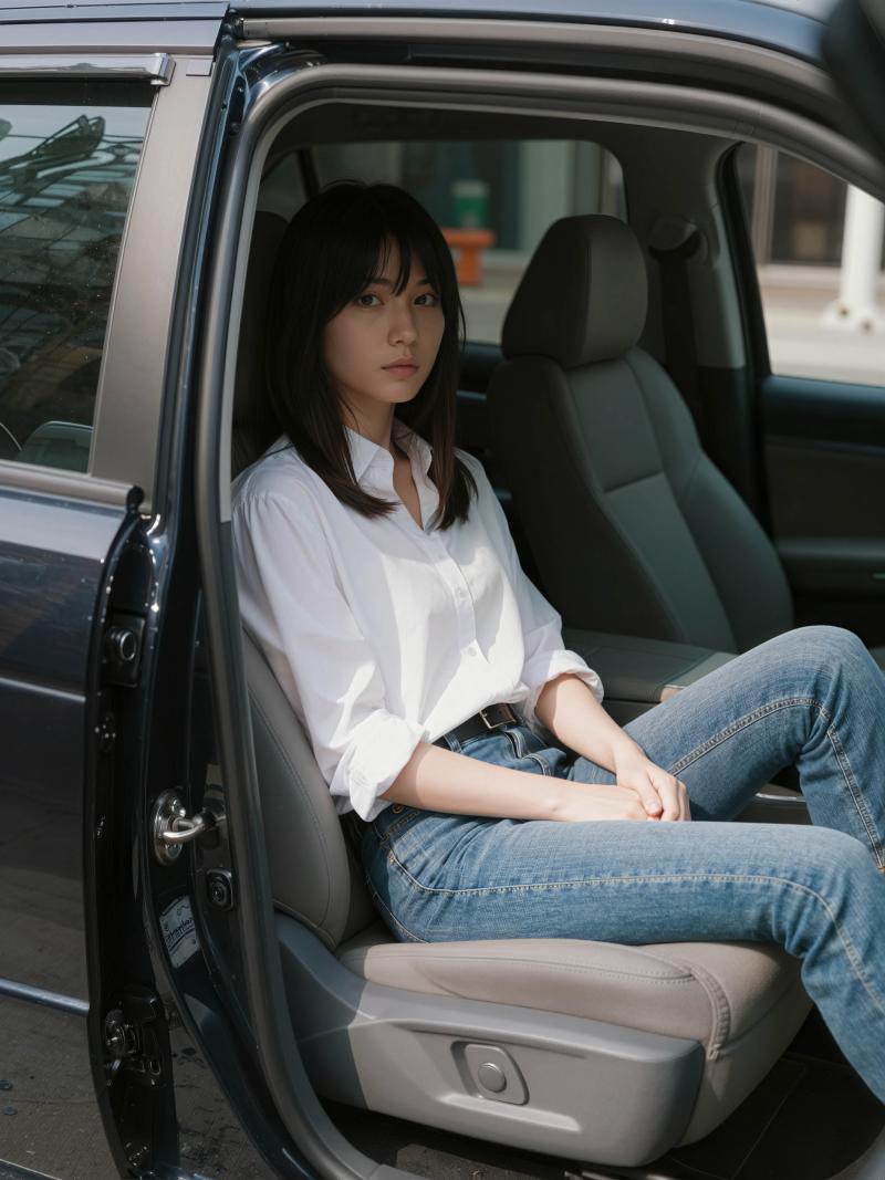 現代の車の運転席に座っている若い女性を写実的に横から撮影した写真。