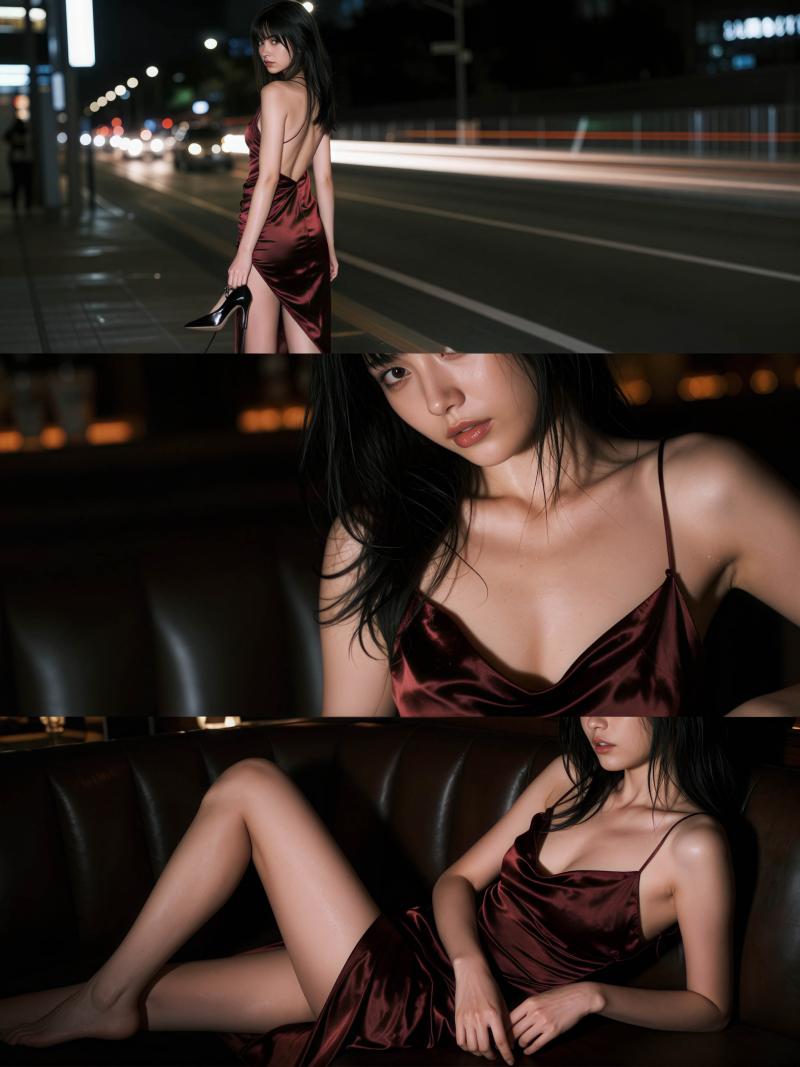 夜の薄暗い都会の中で、赤いサテンのドレスを着てソファに座っている女性をフィーチャーし...。