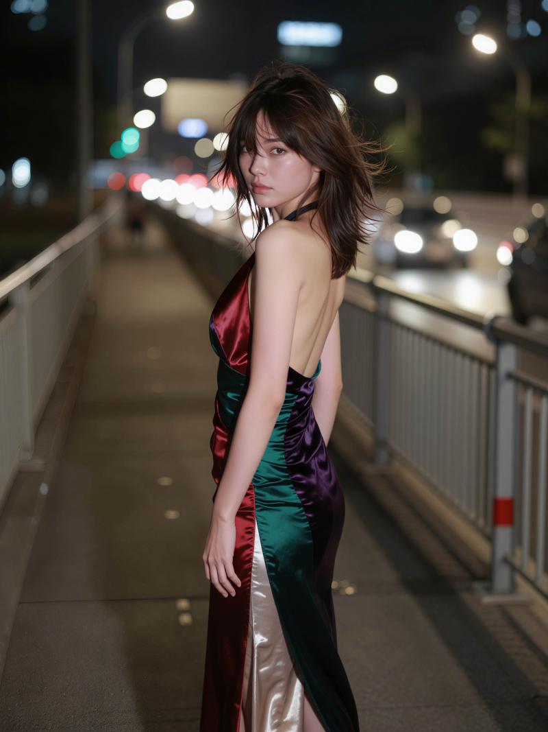 カラフルなドレスを着た若い女性が夜の橋の上に立ち、肩越しに瞑想的な表情を浮かべている...。