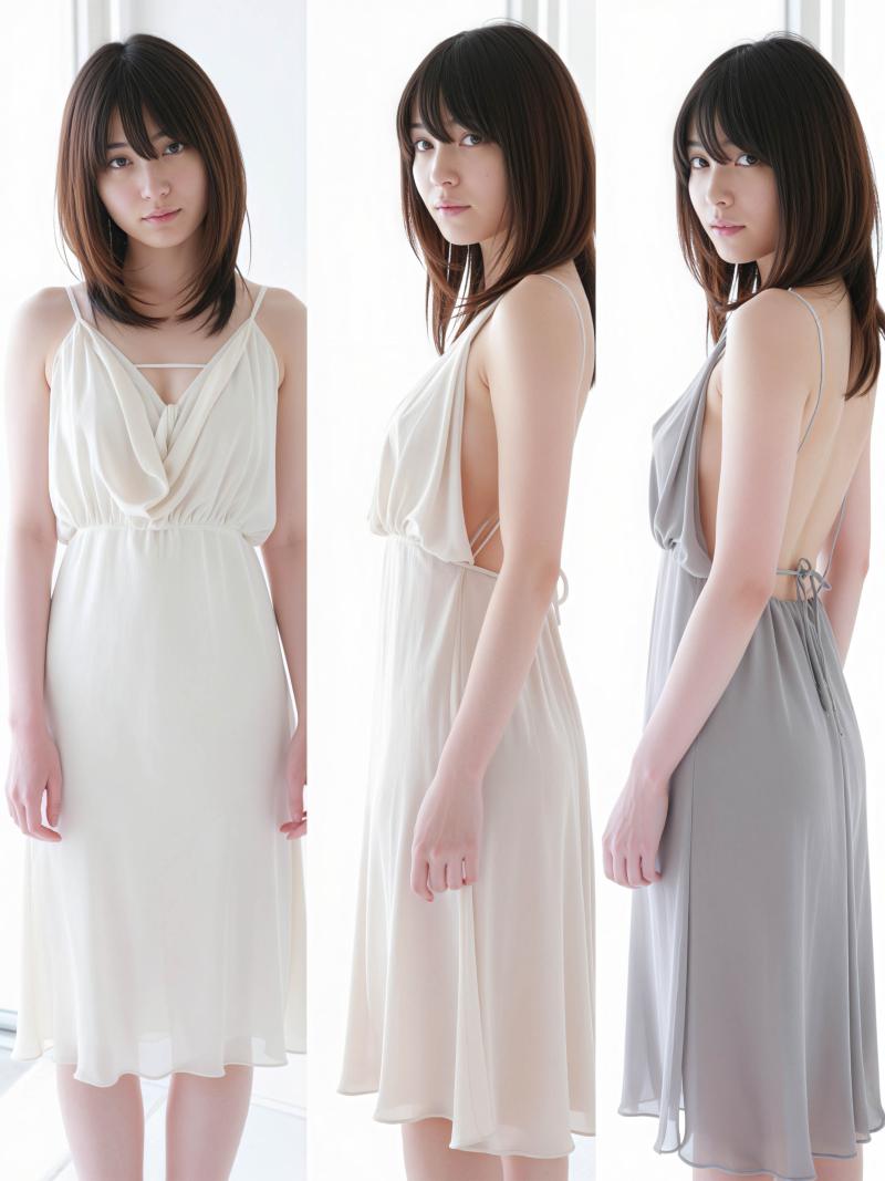 白いドレスを着て 3 つの異なるポーズで立っている若い女性を示す、3 つの異なる角度...。