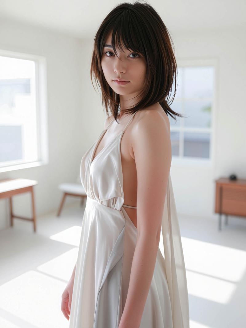 大きな窓から日光が差し込む明るい部屋に立つ若い女性を横顔カメラのアングルから写実的に...。