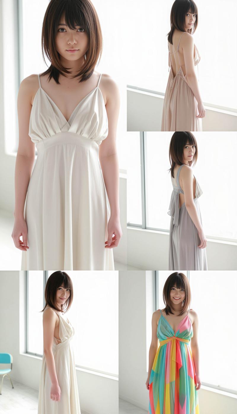 白いドレスを着た若い女性がさまざまな角度でポーズをとる、正面カメラのアングルからの写...。