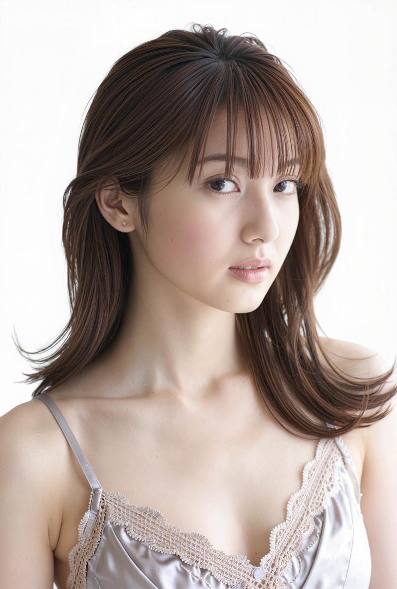 中性的な表情を持つ若い女性の写実的なポートレート。