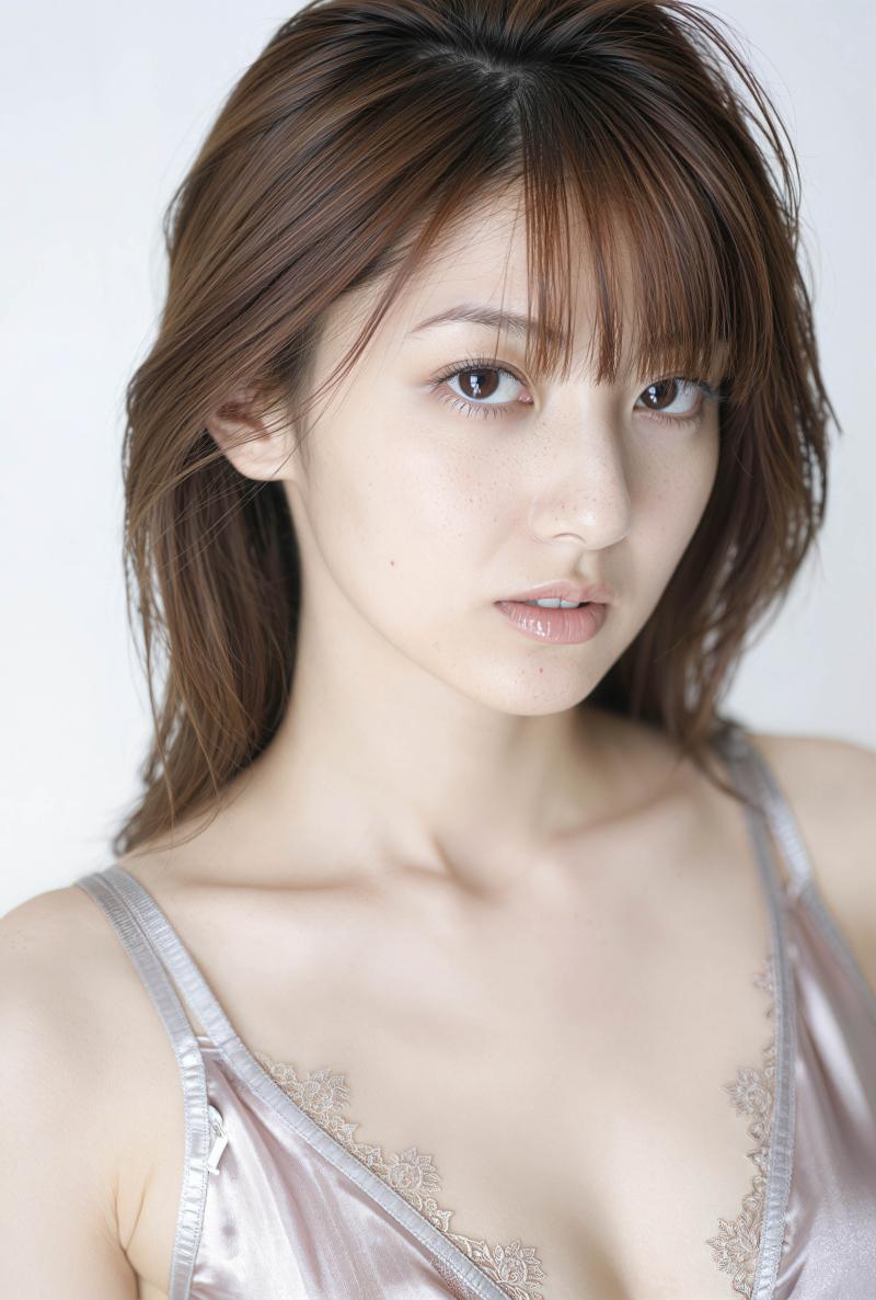 真っ白な背景のスタジオ設定で、顔と上半身をクローズアップ カメラの角度から撮影した、...。