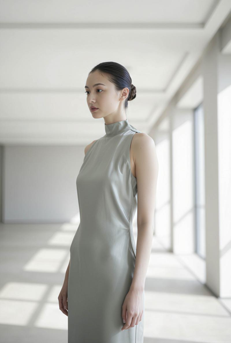 大きな窓のある空の部屋に立つ、ライトグレーのシルクドレスを着た若い女性を横顔カメラの...。