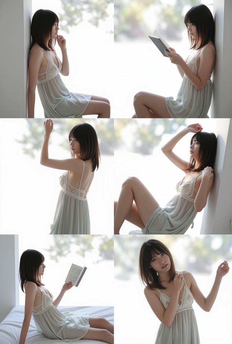 白いナイトガウンを着てベッドに座って本を読んでいる若い女性をフィーチャーした、9 枚...。