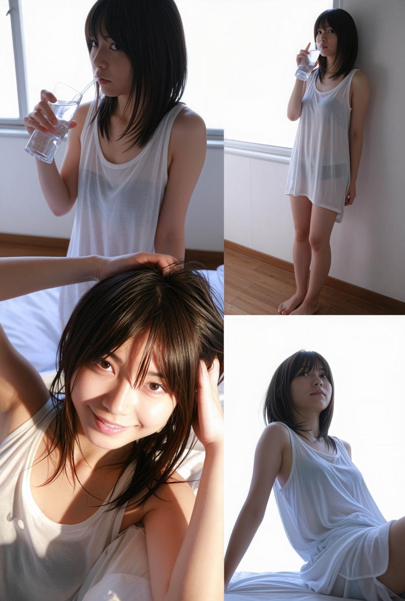 窓から日光が差し込む明るい部屋で、白いノースリーブのドレスを着てグラスの水を飲む若い...。