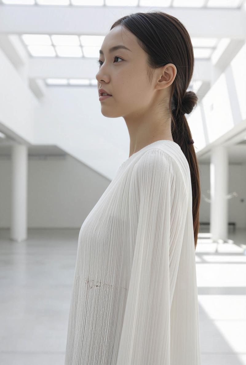 白い壁と大きな窓のあるモダンでミニマルな室内空間に立つ、長い黒髪を高い位置でポニーテ...。