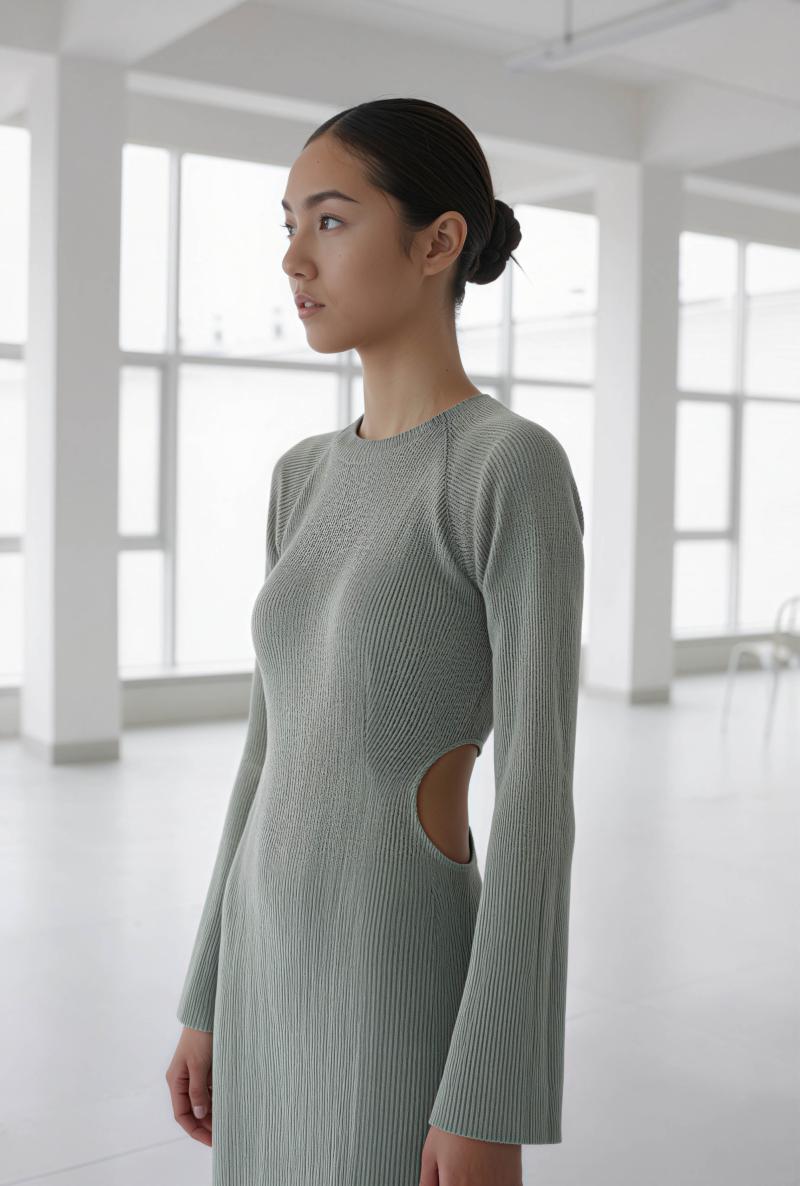 大きな窓のある誰もいない部屋に、カットアウトのディテールが施されたライトグレーのリブ...。