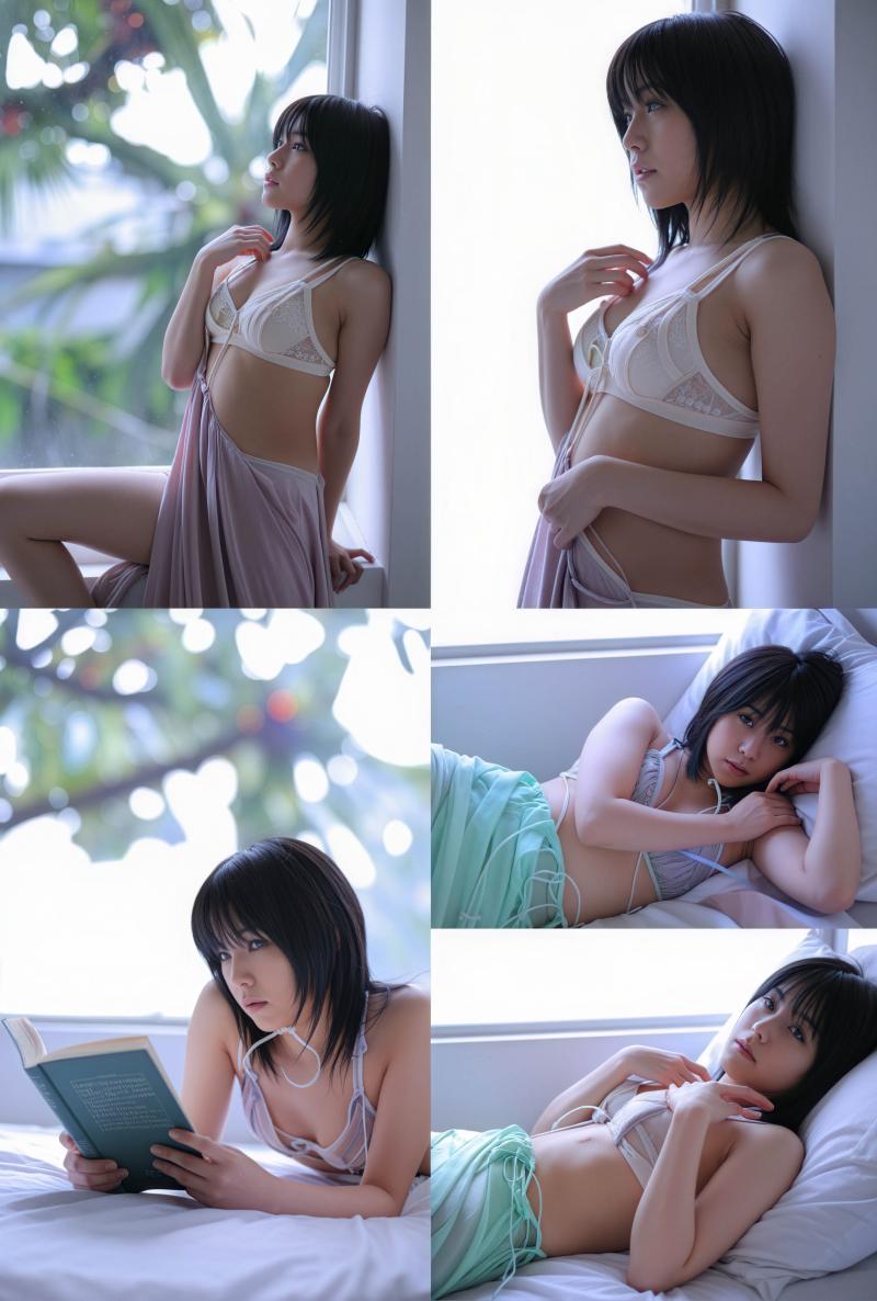 白いレースのブラジャーと淡いピンクのサロンを着た、短い黒髪の若い女性をさまざまな角度...。