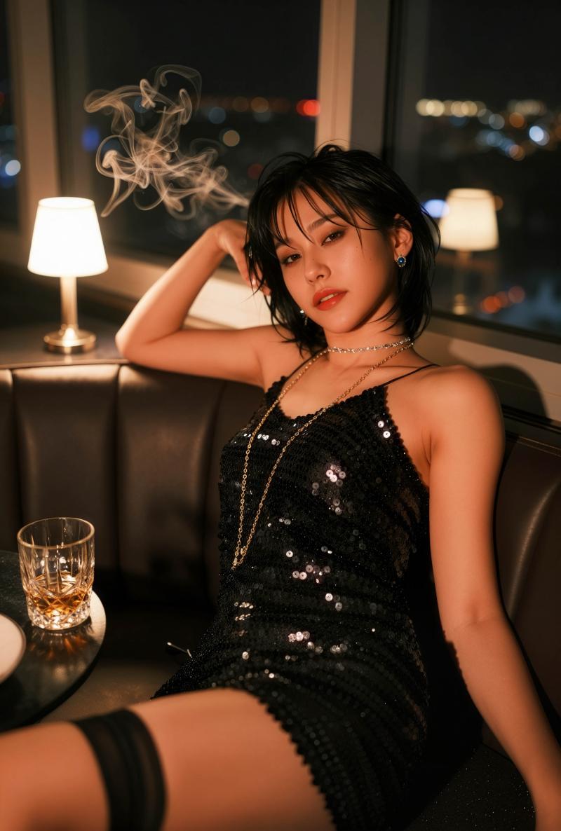 夜の街並みを望む薄暗い部屋でソファに座る女性を横から撮ったフォトリアルな撮影。