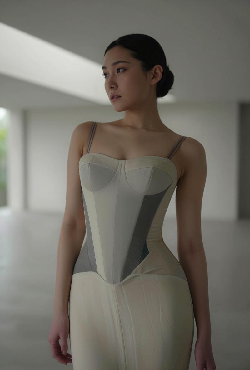 柔らかな照明の空いた部屋に、体にぴったりとフィットした白いドレスを着た若い女性が立っ...。