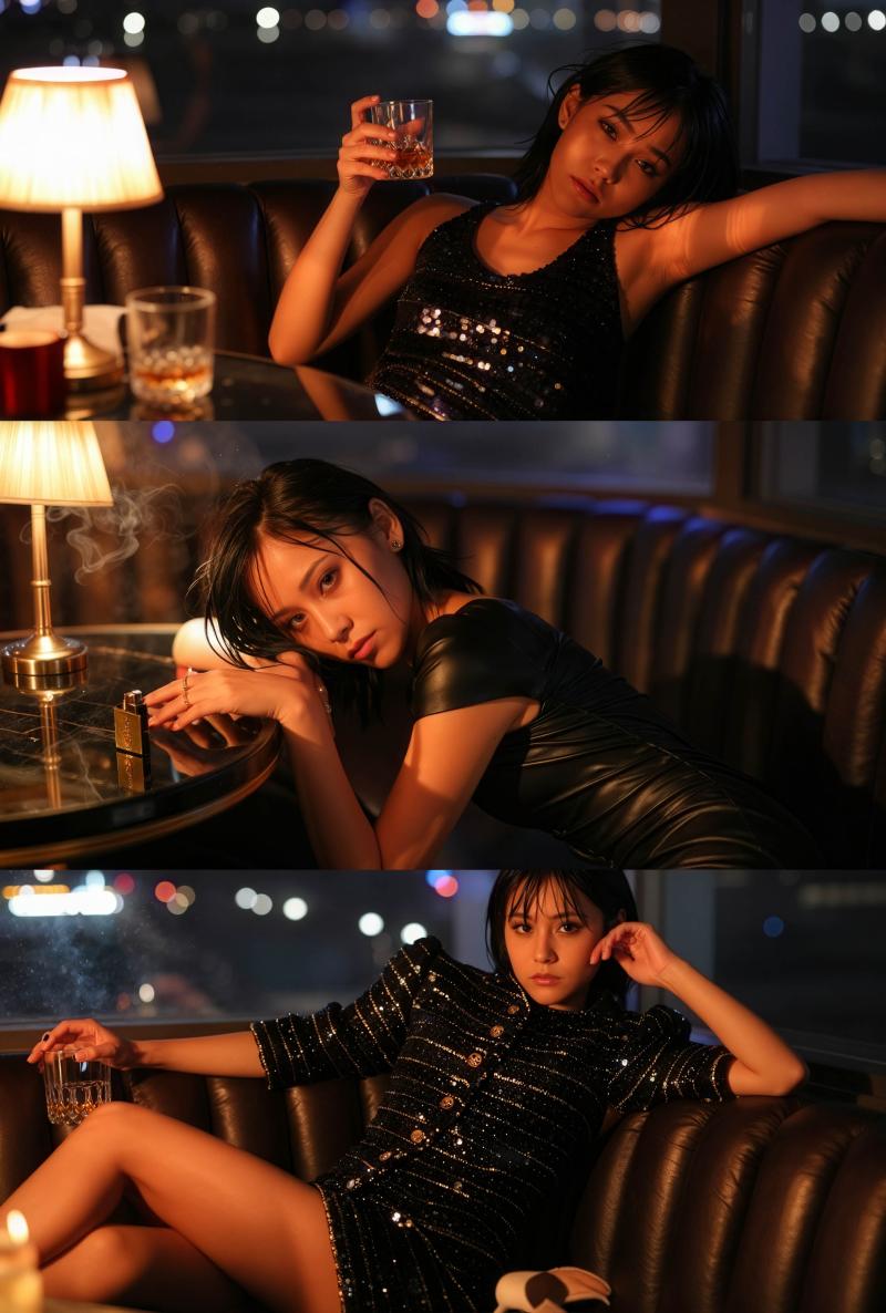 背景にぼやけた夜の街並みを背景に、黒いスパンコールのドレスを着た若い女性が革張りのソ...。