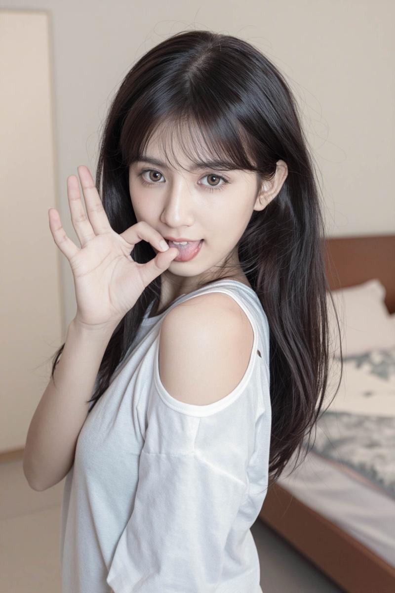 白いノースリーブのトップスを着た若い女性が右手で停止のジェスチャーをしている様子を、...。