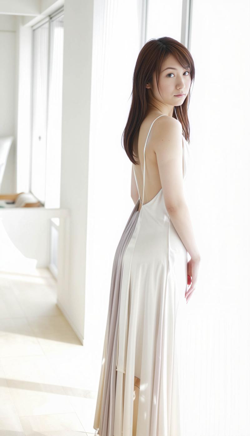 白いロングドレスを着てモダンなインテリア空間に立つ若い女性を横から見た写真のようにリ...。