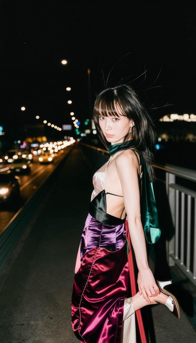 紫と黒のサテンの着物を着て首に緑のスカーフを巻いて、夜の橋の上に立つ若い女性をサイド...。