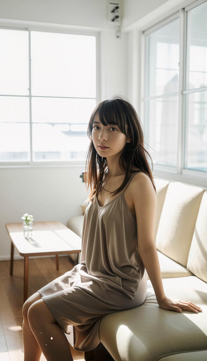 明るいリビングルームのソファに座り、明るい色のスリップドレスを着た若い女性を横から撮...。