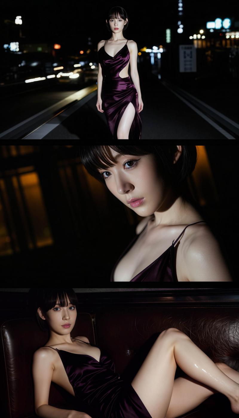 紫色のサテンのドレスを着た若い女性が夜の高速道路で自信を持ってポーズをとる、3 枚の...。