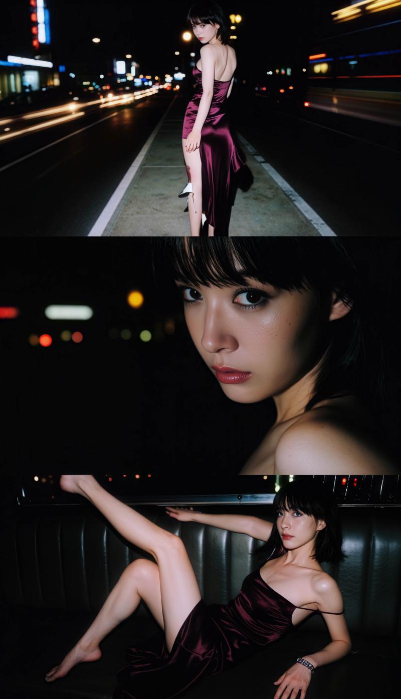 夜の環境でポーズをとる若い女性をフィーチャーした 3 枚の写真のコラージュからの写実...。