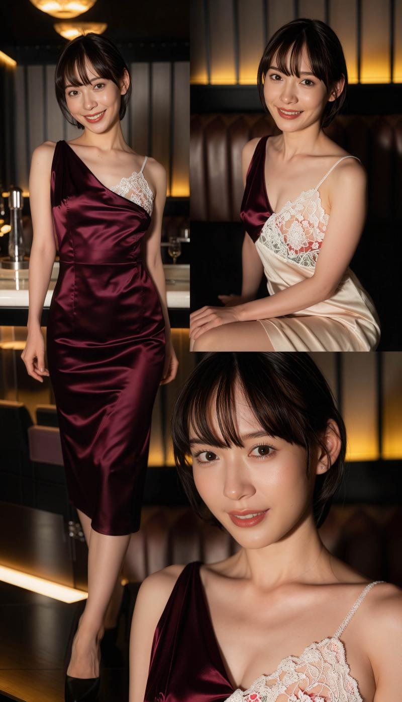 薄暗い部屋で豪華なサテンのドレスを着て優雅にポーズをとる女性を、正面カメラのアングル...。