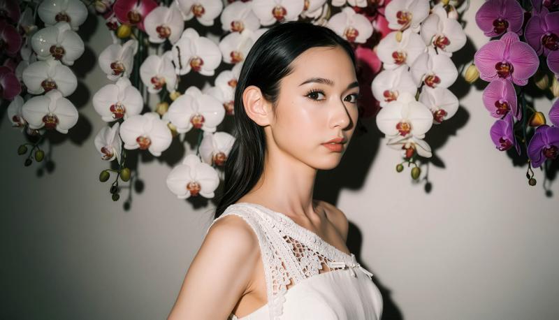 白とピンクの蘭の花を背景に、長い黒髪の若い女性が立っている横顔の角度から撮影した写実...。