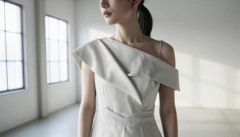 大きな窓のある空の部屋に白いドレスを着た女性が立っている様子を、横顔カメラのアングル...。