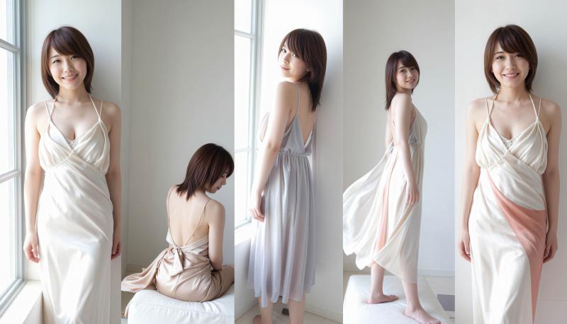 正面カメラの角度から写実的に撮影した、さまざまなスタイルの白いシルク ドレスを紹介す...。