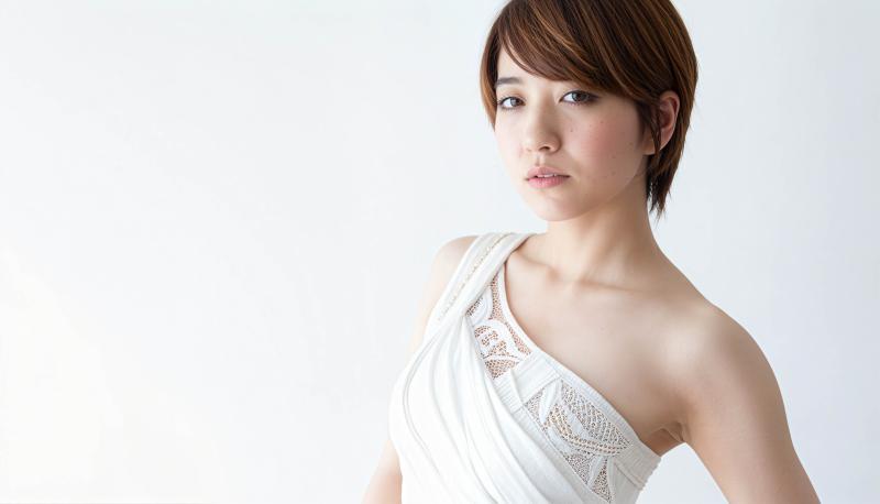 真っ白な背景のスタジオ設定で、ポートレート カメラの角度から撮影された、中性的な表情...。