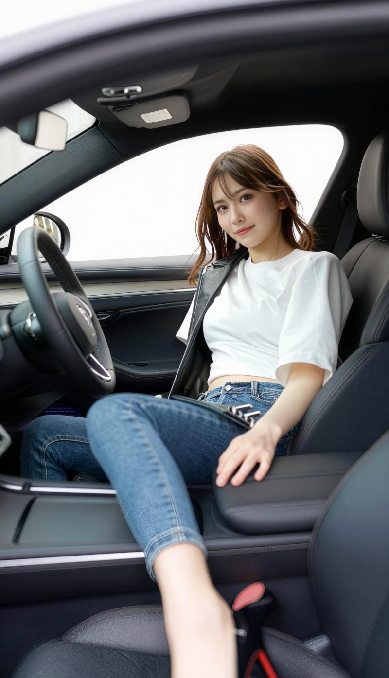 白い T シャツとブルー ジーンズを着て現代の車の運転席に座っている若い女性を横から...。