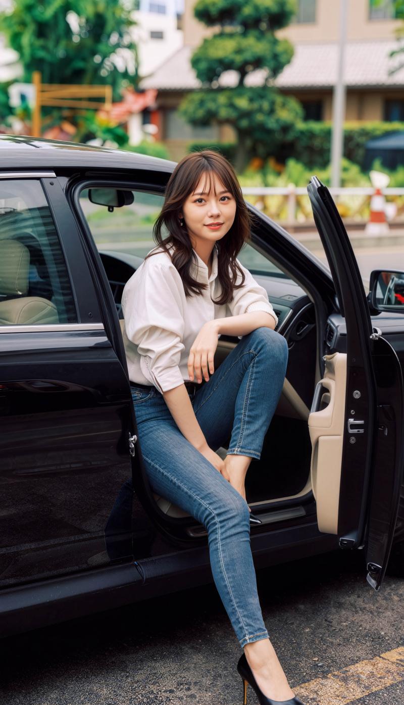 白いブラウスとブルー ジーンズを着て黒い車の運転席に座っている若い女性を横から撮った...。