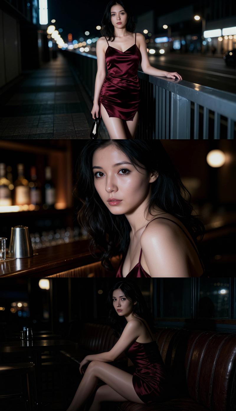 夜の薄暗い屋外環境でポーズをとるバーガンディのサテンのドレスを着た若い女性をフィーチ...。