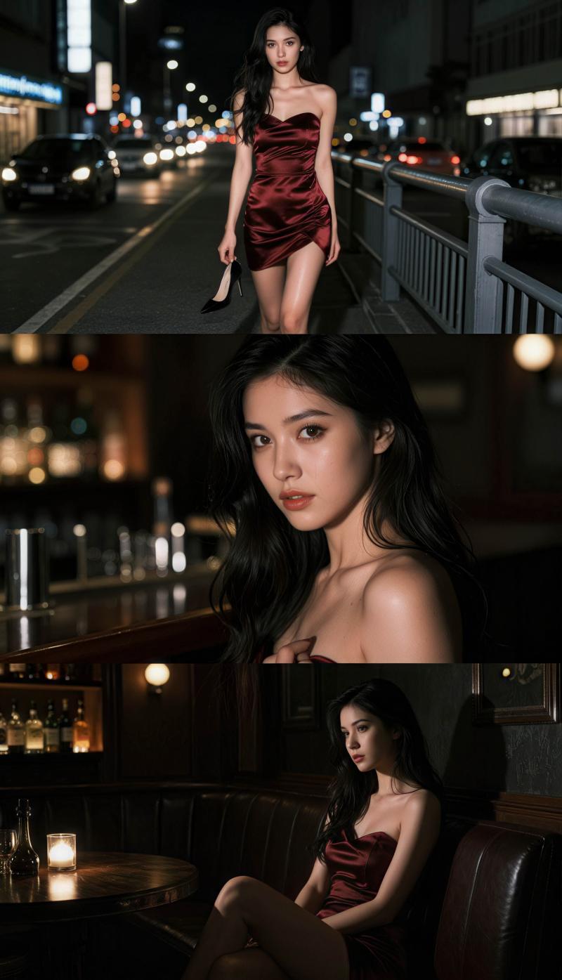 夜の街路で自信を持ってポーズをとる赤いドレスを着た女性を、トップダウンの視点から写実...。